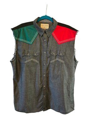 CODY JAMES WESTERN APPAREL DENIM SLEEVELESS SHIRT SIZE LARGE BLACK ETHNIC